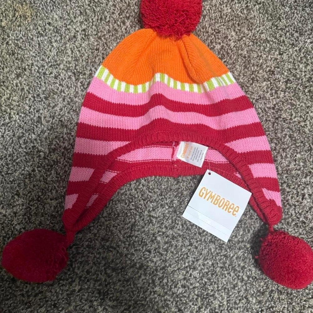 Gymboree pink and red striped knit hat with pom-poms